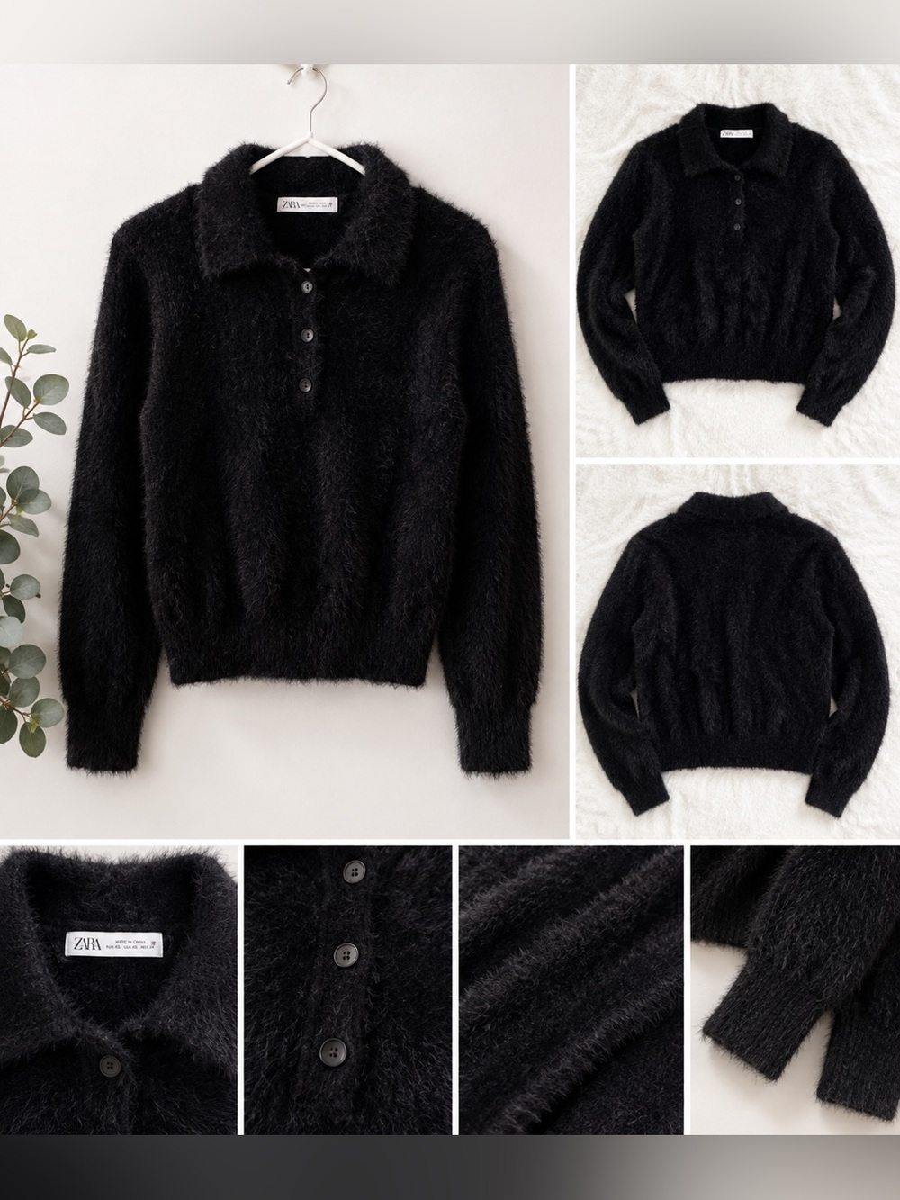 Zara Black Fuzzy Eyelash Knit Polo Sweater XS
